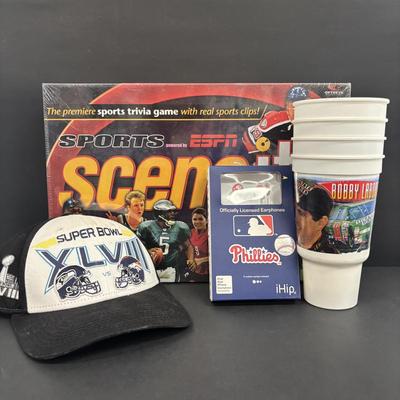 LOT 503/133: NIP Sports Scene It Game, iHip Philadelphia Phillies Earphones, NASCAR Bobby Labonte McDonalds Cups & Super Bowl XLVIII Hat