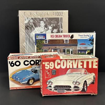 LOT 134: Vintage1959 & 1960 Corvette Models & 2 Unopened Puzzled: Elvis Pressley & Ice Cream Days