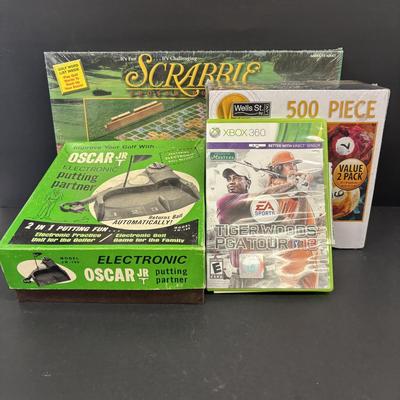 LOT 137: Golf Themed Collection: Xbox 360 Game, Vintage Oscar Jr Putting Partner, Golf Scrabble along with Billiards & Sportsman...
