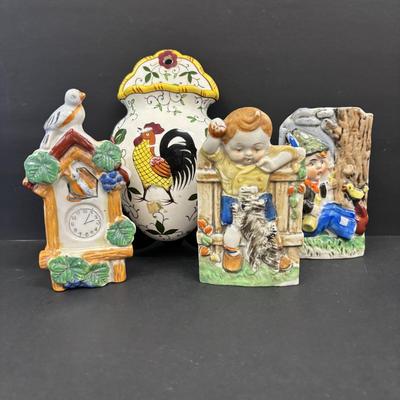 LOT 140: Vintage Japan Porcelain/Ceramic Wall Pockets: Rooster, Cuckoo Clock, Boy w/Puppy & Boy w/Bird