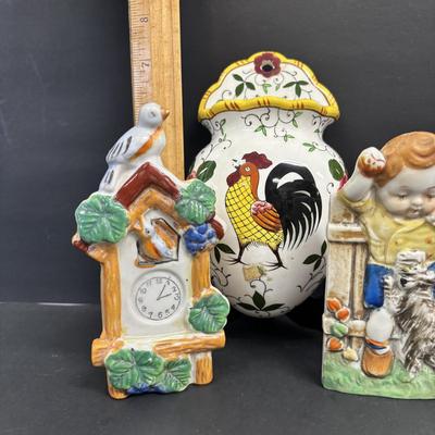 LOT 140: Vintage Japan Porcelain/Ceramic Wall Pockets: Rooster, Cuckoo Clock, Boy w/Puppy & Boy w/Bird