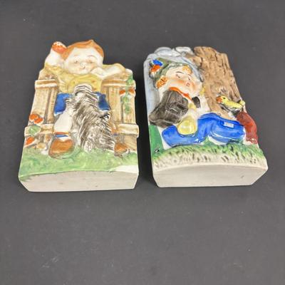 LOT 140: Vintage Japan Porcelain/Ceramic Wall Pockets: Rooster, Cuckoo Clock, Boy w/Puppy & Boy w/Bird