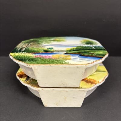 LOT 143: Vintage Hand-Painted Landscape Wall Pockets along with Vintage Cuckoo Clock Wall Pockets