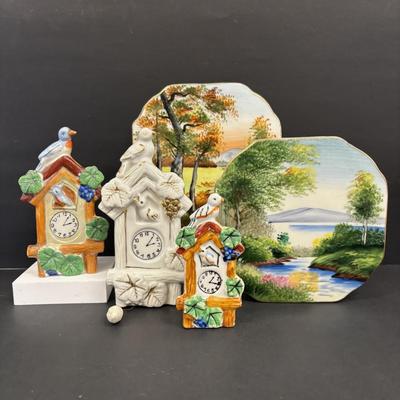 LOT 143: Vintage Hand-Painted Landscape Wall Pockets along with Vintage Cuckoo Clock Wall Pockets