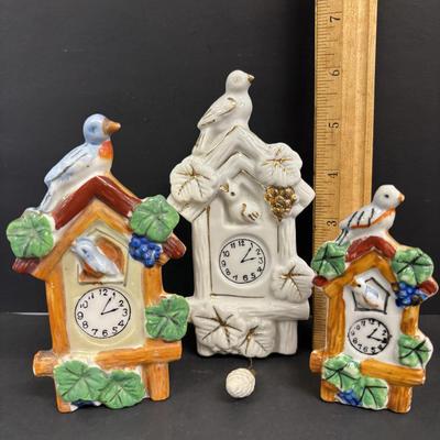 LOT 143: Vintage Hand-Painted Landscape Wall Pockets along with Vintage Cuckoo Clock Wall Pockets