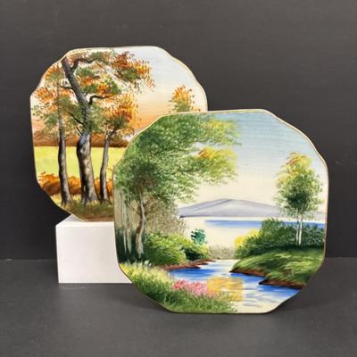 LOT 143: Vintage Hand-Painted Landscape Wall Pockets along with Vintage Cuckoo Clock Wall Pockets