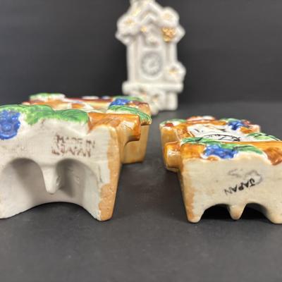 LOT 143: Vintage Hand-Painted Landscape Wall Pockets along with Vintage Cuckoo Clock Wall Pockets