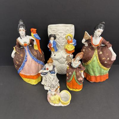 LOT 144: Vintage Hand-Painted Victorian Lady Porcelain Figural Wall Pockets & More