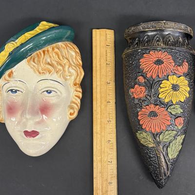 LOT 145: Vintage Art Deco Lady Wall Pockets along with a Vintage Floral Wall Pocket