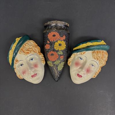 LOT 145: Vintage Art Deco Lady Wall Pockets along with a Vintage Floral Wall Pocket