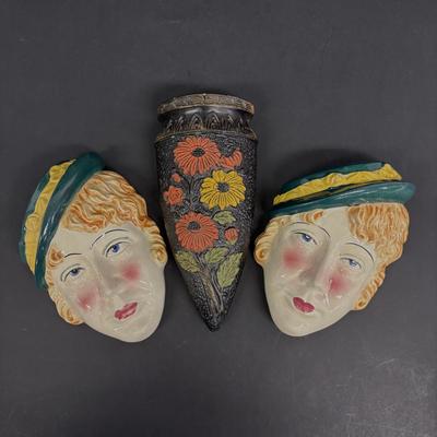 LOT 145: Vintage Art Deco Lady Wall Pockets along with a Vintage Floral Wall Pocket