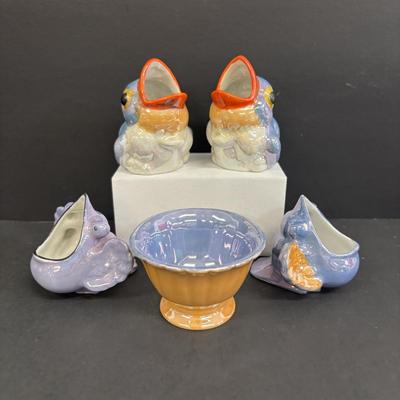 LOT 146: Vintage Japan Lusterware Wall Pockets, Creamer/Sugar Set, Fish/Bird Ashtrays and More