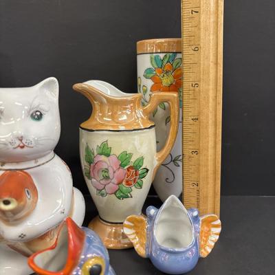 LOT 146: Vintage Japan Lusterware Wall Pockets, Creamer/Sugar Set, Fish/Bird Ashtrays and More
