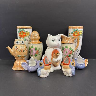 LOT 146: Vintage Japan Lusterware Wall Pockets, Creamer/Sugar Set, Fish/Bird Ashtrays and More