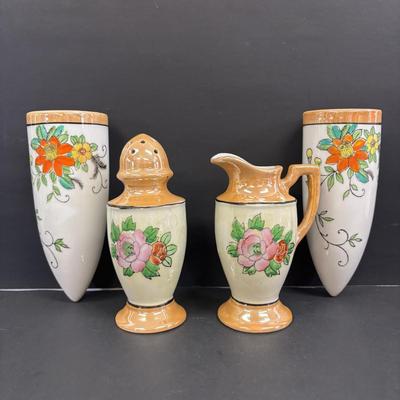 LOT 146: Vintage Japan Lusterware Wall Pockets, Creamer/Sugar Set, Fish/Bird Ashtrays and More