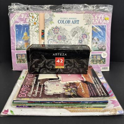 LOT 150: Plastic Canvas Kits, Color Art Books, Pottery/Clay Tools (NIP) and Craft Pattern Magazines