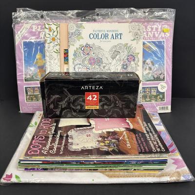 LOT 150: Plastic Canvas Kits, Color Art Books, Pottery/Clay Tools (NIP) and Craft Pattern Magazines