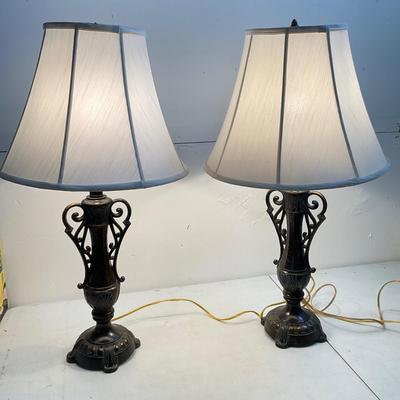 790 Pair of Metal Double Handled lamps with Shades