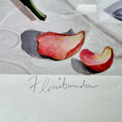 Sale Photo Thumbnail #360: This is a "Floribunda" lithograph print by the artist Pati Bannister The print is signed and numbered, with an edition size of 485.
It was created in 1988. The image features a young woman with long dark hair, wearing a white dress and a wide-brimmed hat 