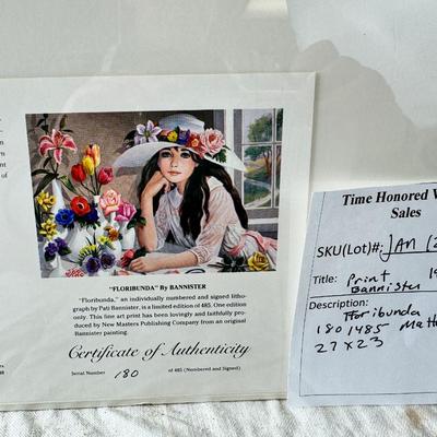Sale Photo Thumbnail #365: This is a "Floribunda" lithograph print by the artist Pati Bannister The print is signed and numbered, with an edition size of 485.
It was created in 1988. The image features a young woman with long dark hair, wearing a white dress and a wide-brimmed hat 