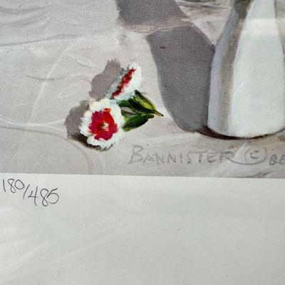 Sale Photo Thumbnail #362: This is a "Floribunda" lithograph print by the artist Pati Bannister The print is signed and numbered, with an edition size of 485.
It was created in 1988. The image features a young woman with long dark hair, wearing a white dress and a wide-brimmed hat 