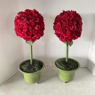 870 Pair of Artificial Red Floral Topiaries