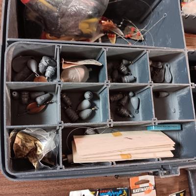 OVER AND UNDER PLANO TACKLE BOX WITH VARIETY OF TACKLE
