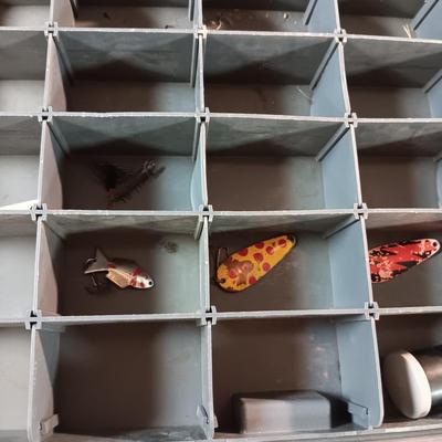 OVER AND UNDER PLANO TACKLE BOX WITH VARIETY OF TACKLE