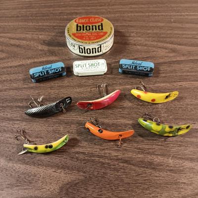 VINTAGE LURES, EAGLE CLAW FISHING LINE AND 3 EMPTY SPLIT SHOT TINS