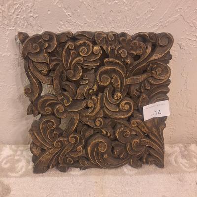 wall art square- resin made to look like carved wood.