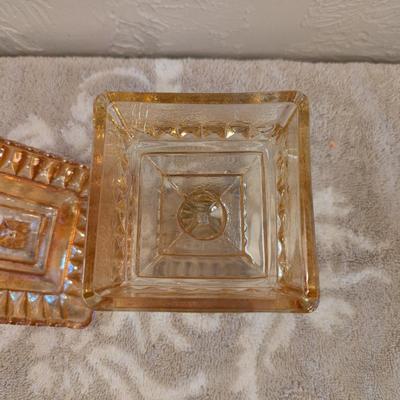 Jeannette Glass wedding box or wedding cake box saure pedestal candy dish in marigold carnival glass