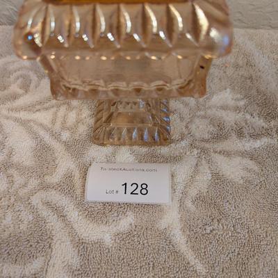 Jeannette Glass wedding box or wedding cake box saure pedestal candy dish in marigold carnival glass