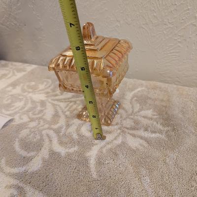 Jeannette Glass wedding box or wedding cake box saure pedestal candy dish in marigold carnival glass