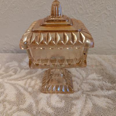 Jeannette Glass wedding box or wedding cake box saure pedestal candy dish in marigold carnival glass