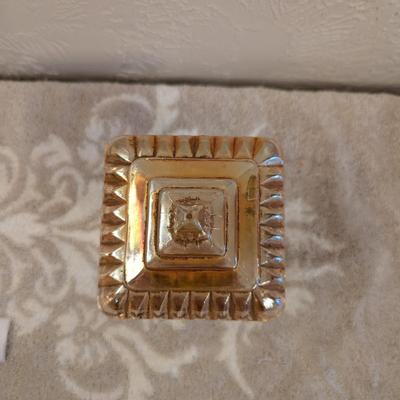 Jeannette Glass wedding box or wedding cake box saure pedestal candy dish in marigold carnival glass