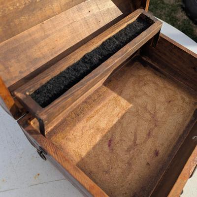 vintage wooden pirate treasure chest jewelry box with lion head accents.