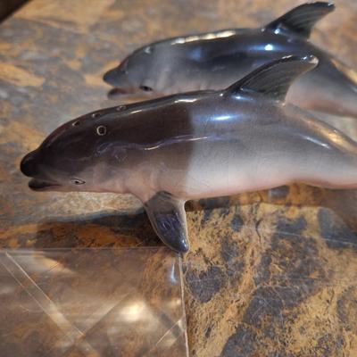 vintage ceramic or porcelain dolphin salt and pepper shakers.