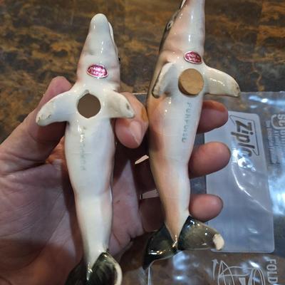 vintage ceramic or porcelain dolphin salt and pepper shakers.