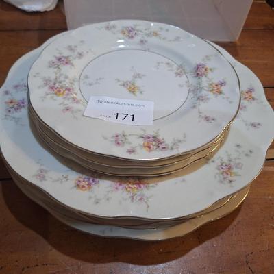 Theodore Haviland New York Arcadia plates with a yellow, purple, and pink roses pattern, a cream background, and gold trim.  4 salad...