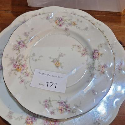 Theodore Haviland New York Arcadia plates with a yellow, purple, and pink roses pattern, a cream background, and gold trim.  4 salad...