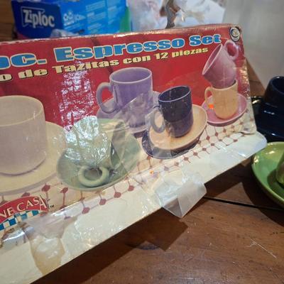 vintage pottery espresso set- 6 mugs and saucers multi color