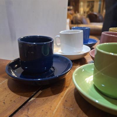 vintage pottery espresso set- 6 mugs and saucers multi color