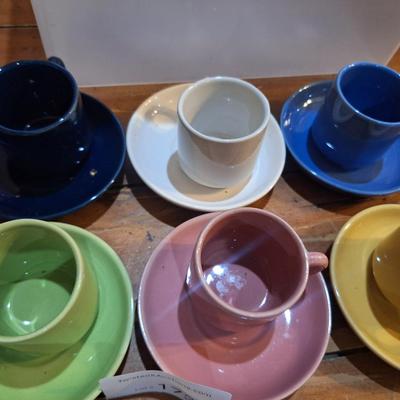 vintage pottery espresso set- 6 mugs and saucers multi color