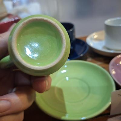 vintage pottery espresso set- 6 mugs and saucers multi color