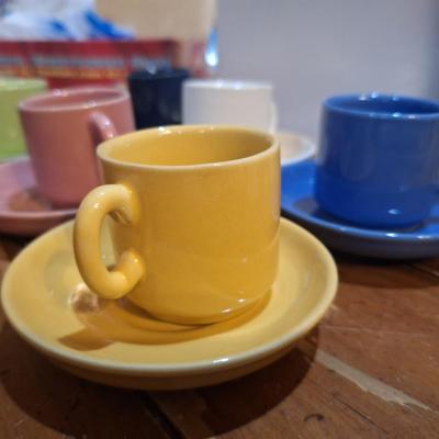 vintage pottery espresso set- 6 mugs and saucers multi color