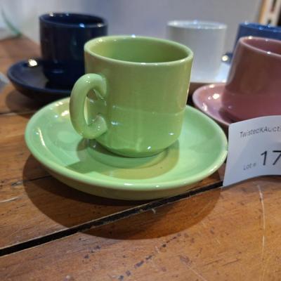 vintage pottery espresso set- 6 mugs and saucers multi color