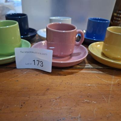 vintage pottery espresso set- 6 mugs and saucers multi color