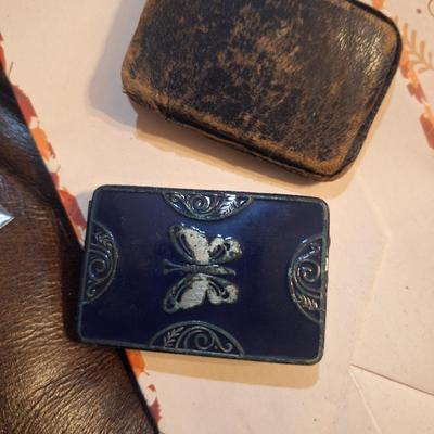 Vintage Lucretia Vanderbilt Blue enamel powder box compact in leather case