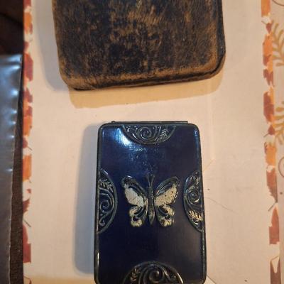 Vintage Lucretia Vanderbilt Blue enamel powder box compact in leather case