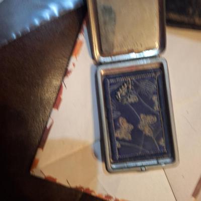 Vintage Lucretia Vanderbilt Blue enamel powder box compact in leather case